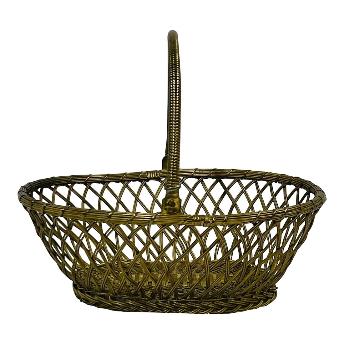 Mid Century Handcrafted Woven Brass Basket: Mid Century hand woven brass basket. Marked Waccamaw, India. Measures 12" w x 10" d x 11" high. Condition: Alterations: Original Condition Unaltered Imperfections: Some Imperfections Condition