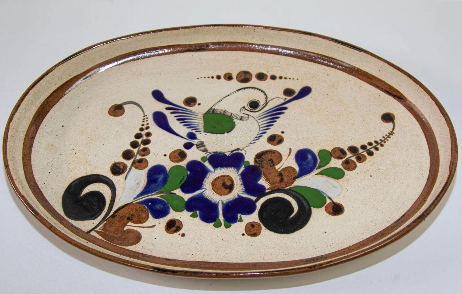 Tonala Folk Art Pottery Oval Platter Signed, Mexico, Circa 1960's - 12