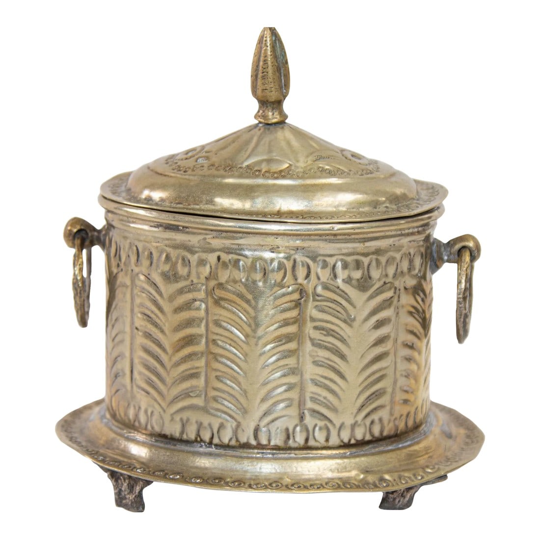 Antique Moroccan Silver Plated Tea Caddy Footed Candy Box: 1920s Antique Moroccan Silver Plated Footed Tea Caddy with hinged lid. This authentic Moroccan brass silver plated box has a beautiful etched geometrical design, beaded trim, and ring handles,