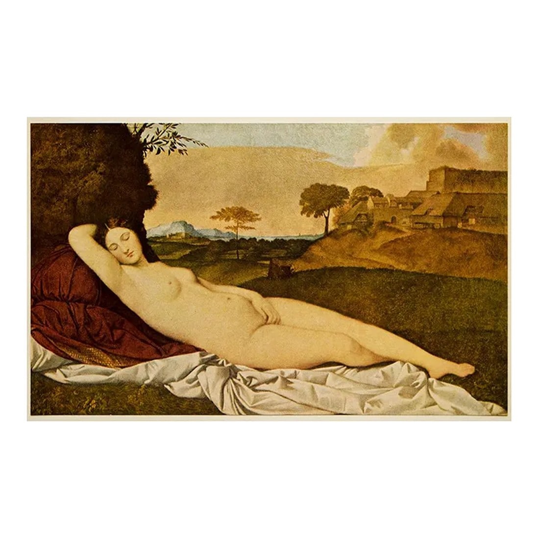 1955 After Giorgione "Sleeping Venus", First Edition Vintage Full-Color Print: An excellent vintage full-color reproduction print after painting "Sleeping Venus" by Giorgione. Comes from a First Edition art folio printed in 1955. Printed on one side. Hand tipped-in on a board