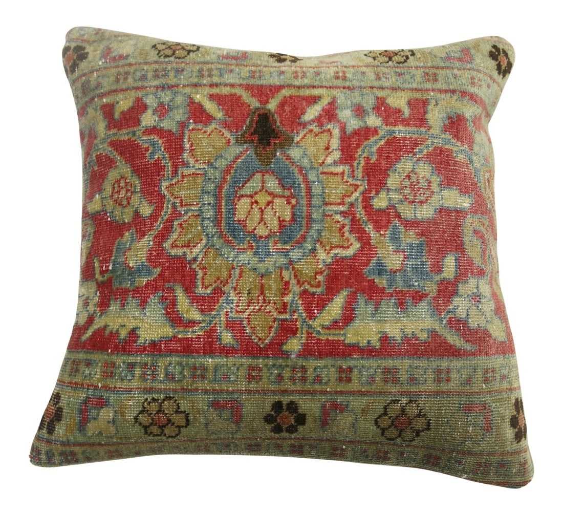 Mid 20th Century Persian Tabriz Rug Pillow: Pillow made from a 19th-century antique tabriz rug with cotton back. Zipper closure and foam insert provided. 17'' x 18''. Condition: Alterations: Original Condition Unaltered Imperfections: Some Impe