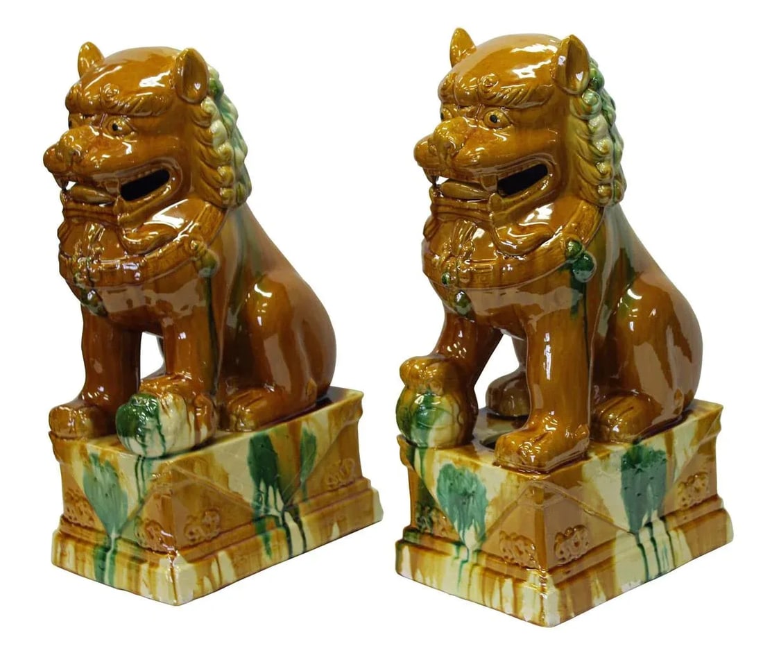 Chinese Brown Glazed Ceramic Foo Dogs - A Pair - 5