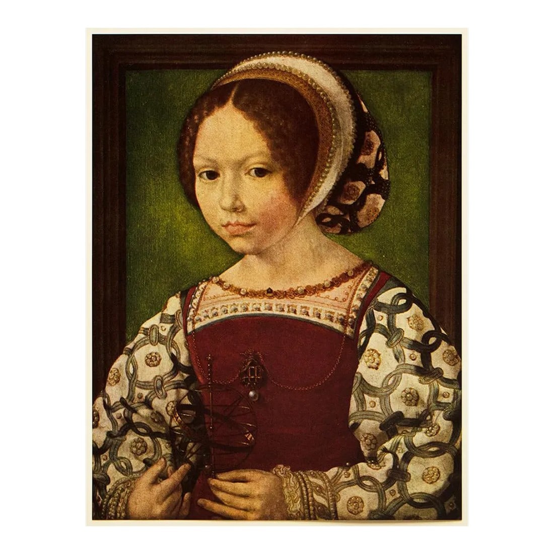 1956 After Mabuse (Jan Gossaert) "A Little Girl", Vintage Full-Color Print: A beautiful vintage full-color reproduction print after portrait of A Little Girl by Mabuse (Jan Gossaert). Comes from a First Edition art folio printed in 1956. Printed on one side. Hand tipped-in