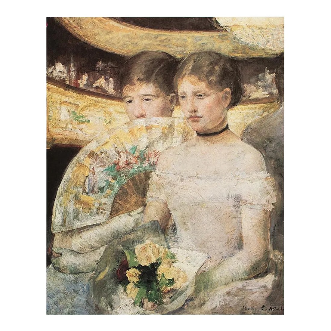 1977 After Mary Cassatt "The Loge", Large Full-Color Print: An excellent large full-color print after Impressionist painting "The Loge" by Mary Cassatt. Comes from a Limited Edition art folio printed in Japan, in 1977. Copy on back is related to another piece