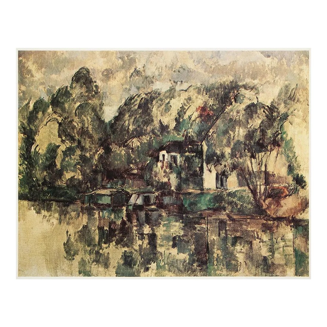 1977 After Paul Cezanne "At the Water's Edge", Full-Color Print: An excellent full-color print after Impressionist painting "At the Water's Edge" by Paul Cezanne. Comes from a Limited Edition art folio printed in Japan, in 1977. Copy on back is related to another