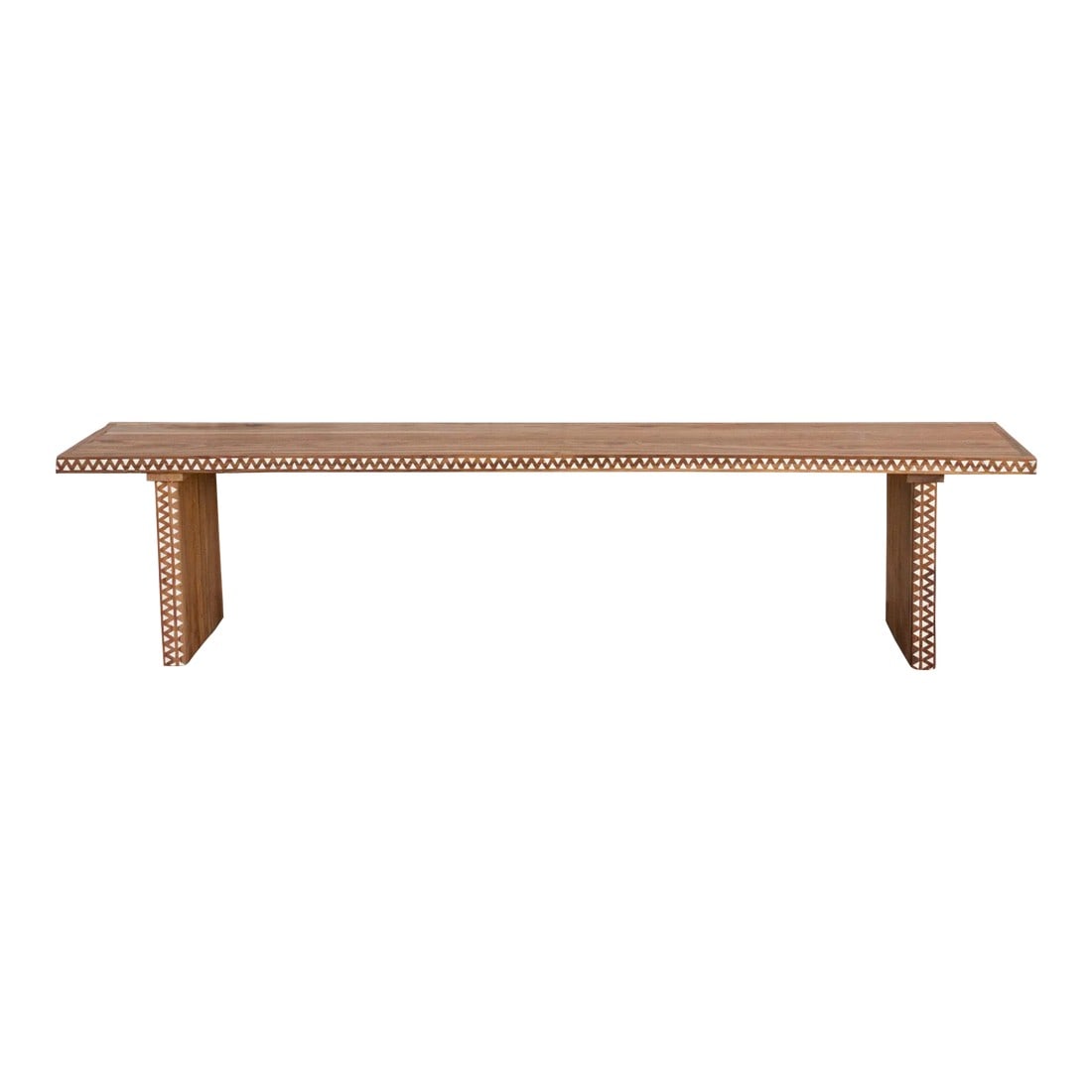 Reclaimed Teak Long Mother of Pearl Bench: Made from reclaimed teak wood with a a stylish design, this reconstructed bench stand on two slat style legs. This boho modern bench features mother of pearl inlay in a tribal motif across the top