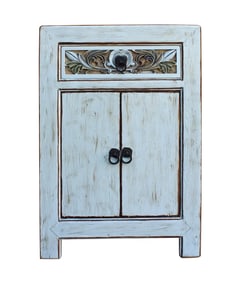 Distressed Off White Floral Carved Side Cabinet