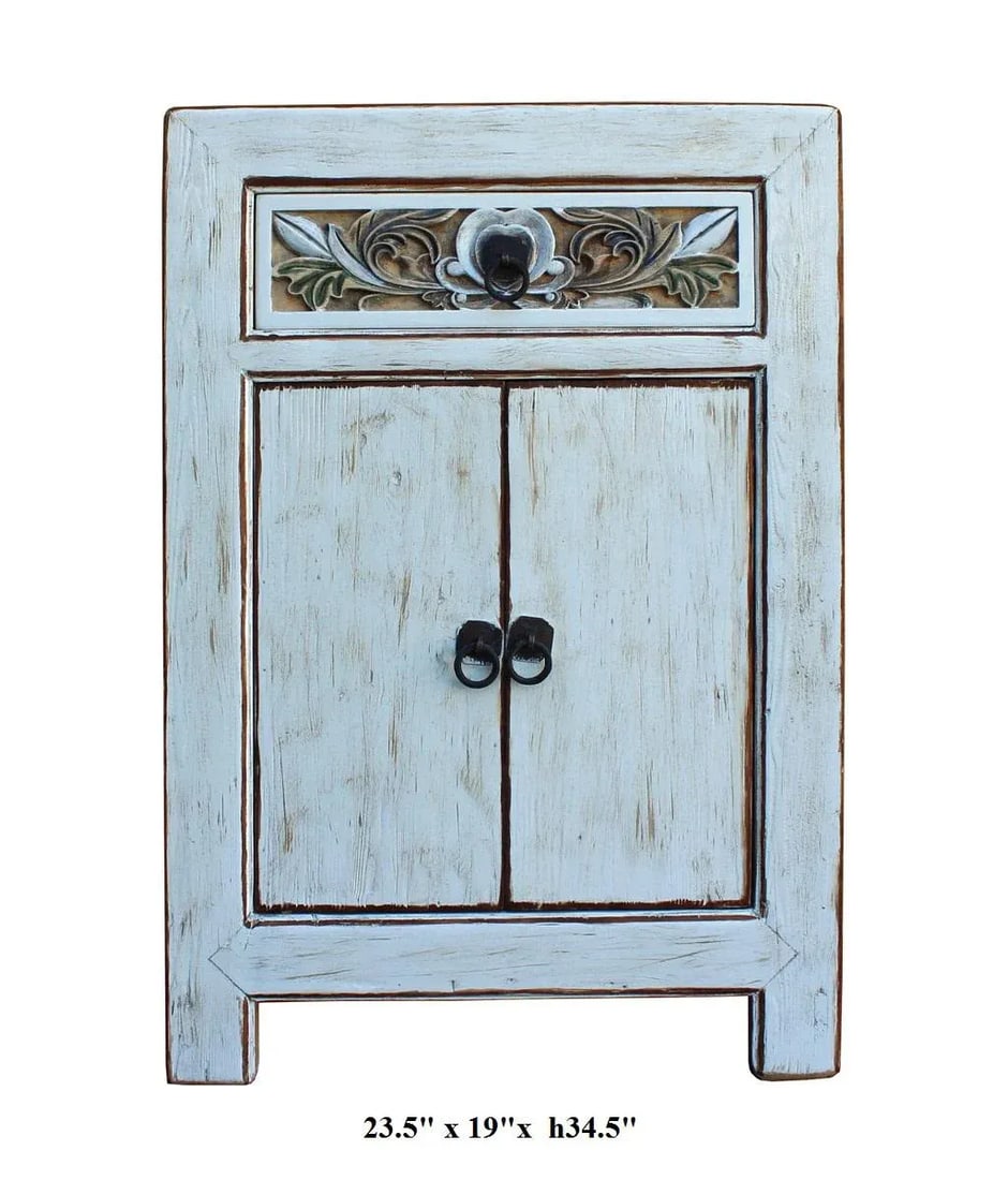 Distressed Off White Floral Carved Side Cabinet - 2