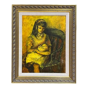 1960s Oil Painting Young Mother and Child Signed Art