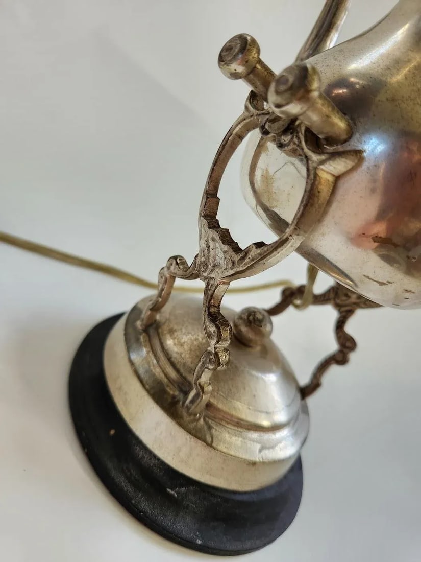 1960s Silver Plate Teapot on Stand Table Top Lamp - 6