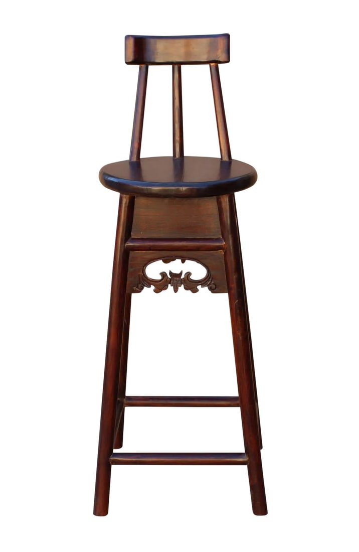 Handmade Chinese Dark Brown Solid Elm Wood Bar Stool With Back (1 of 5)