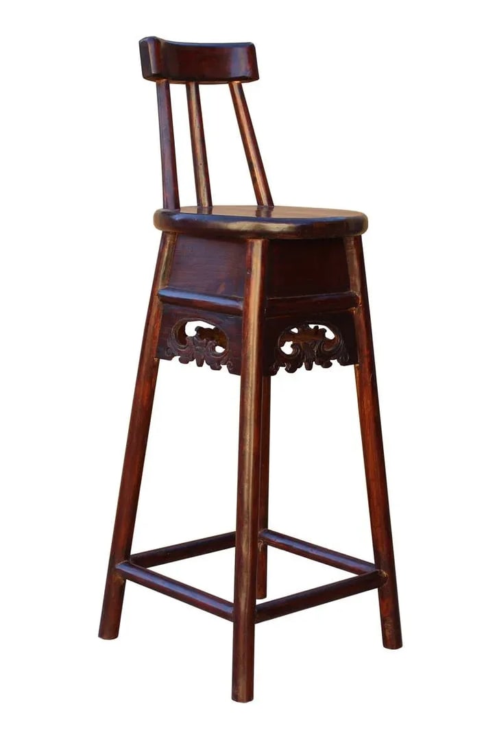 Handmade Chinese Dark Brown Solid Elm Wood Bar Stool With Back - 2