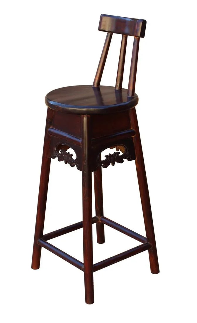 Handmade Chinese Dark Brown Solid Elm Wood Bar Stool With Back - 3