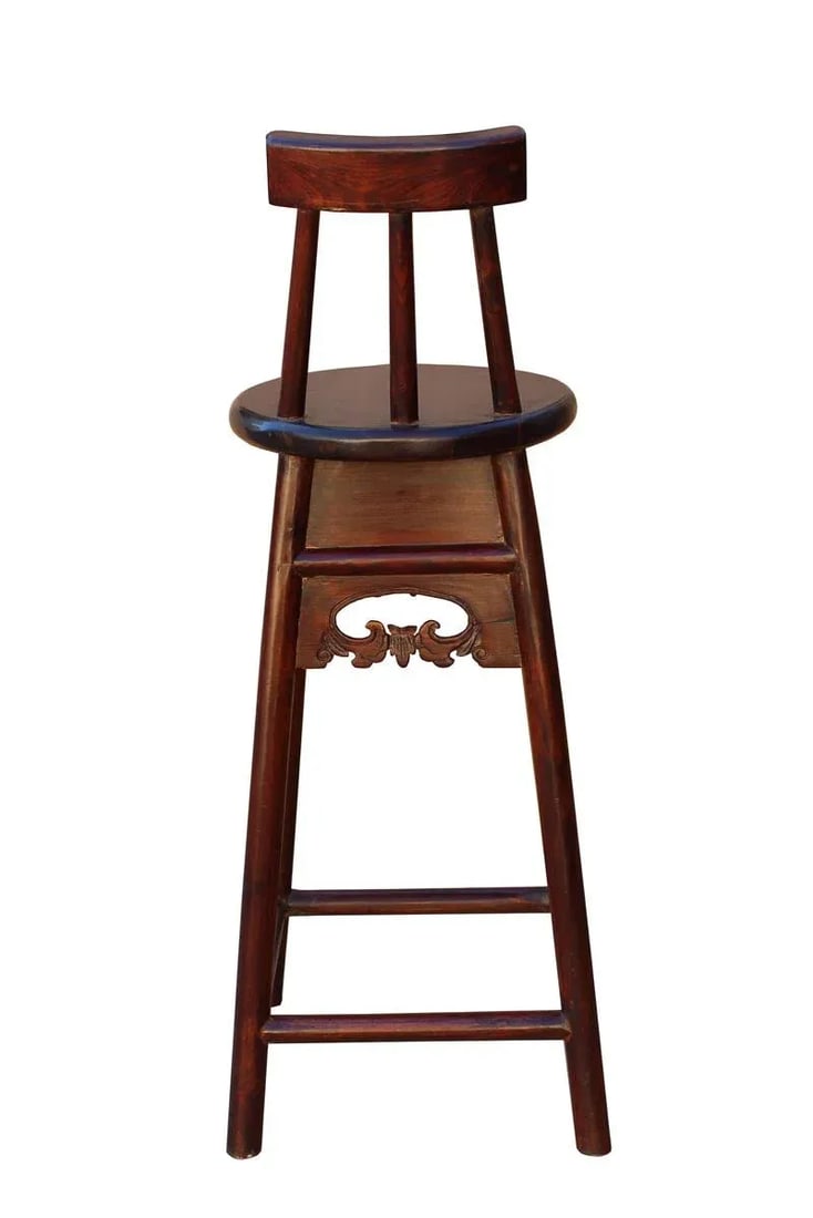 Handmade Chinese Dark Brown Solid Elm Wood Bar Stool With Back - 4