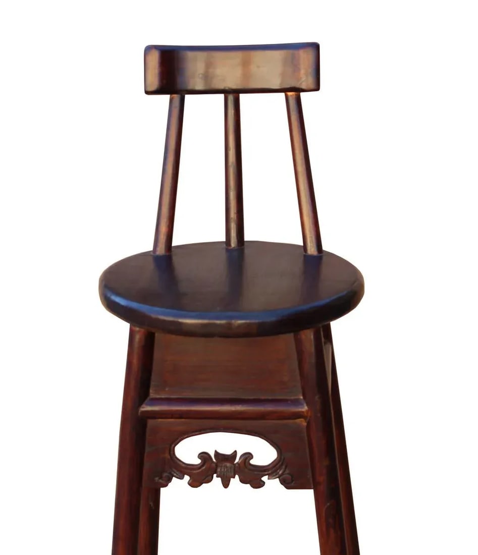 Handmade Chinese Dark Brown Solid Elm Wood Bar Stool With Back - 5