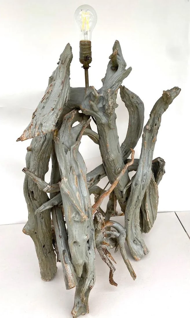 Large Vintage Mid-Century Coastal Driftwood, Gesso and Paint Driftwood Table Lamp - 5