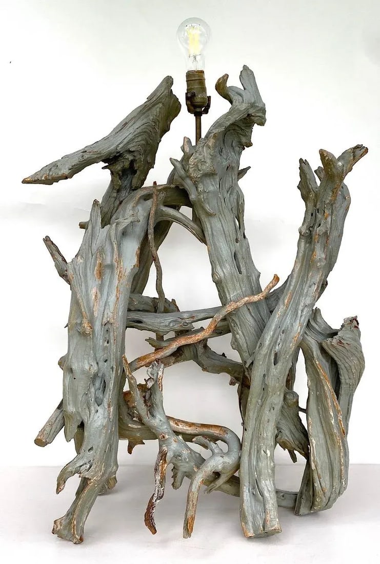 Large Vintage Mid-Century Coastal Driftwood, Gesso and Paint Driftwood Table Lamp - 7