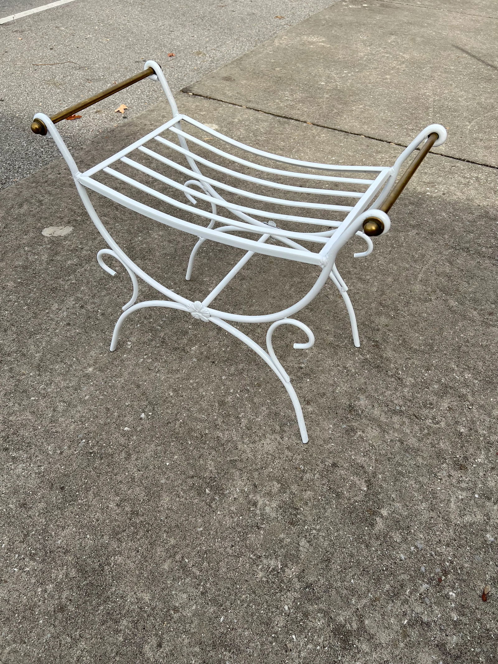 Vintage Wrought Iron Bench with Brass Handles - 5
