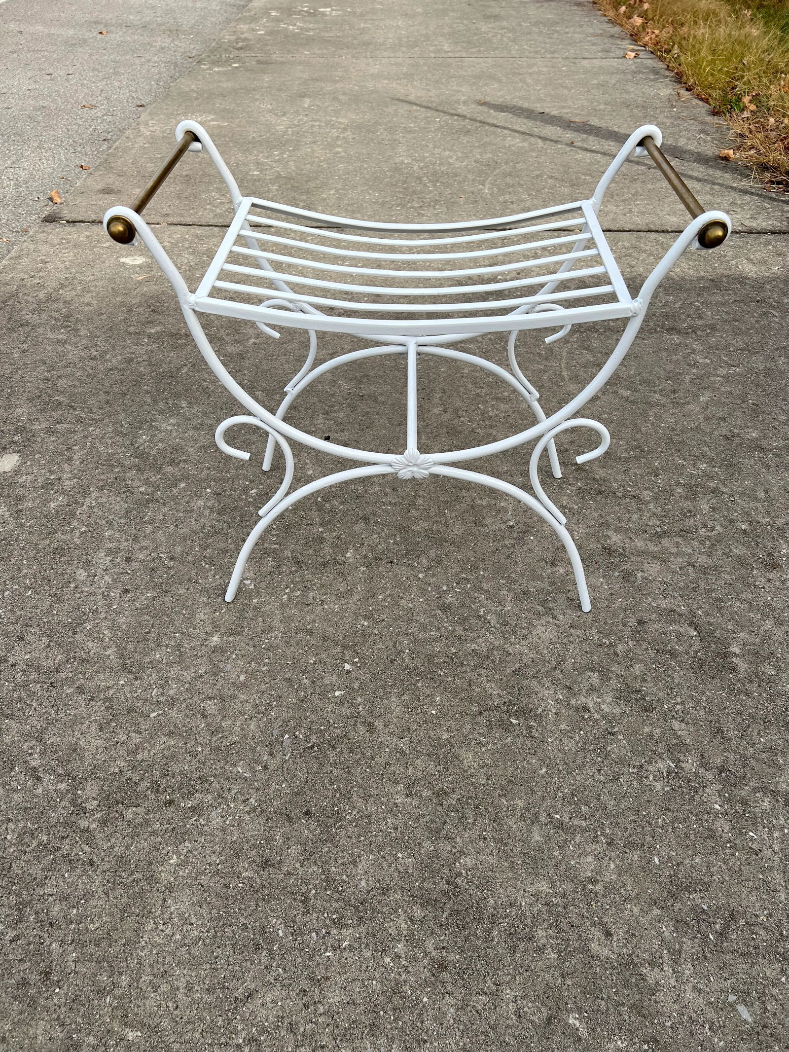 Vintage Wrought Iron Bench with Brass Handles - 6