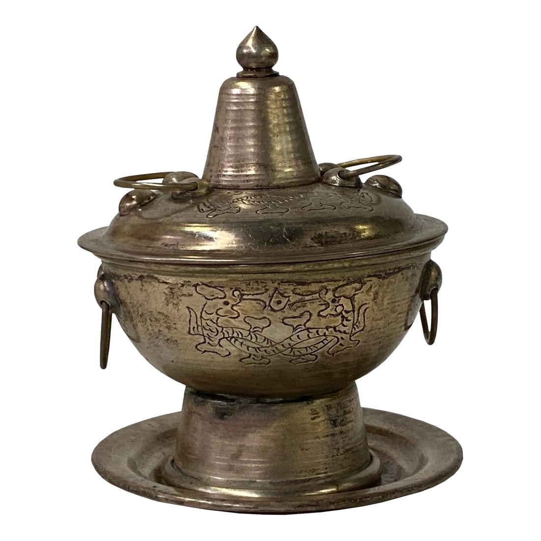 Chinese Nickel Miniature Mongolian Hotpot Shape Display Decor: This is a handmade Chinese accent decorative miniature display furniture art. Dimensions: dia 3.5"x h4.5" Origin: China Material: Nickel metal Condition: Handmade, vintage oxidize marks USA