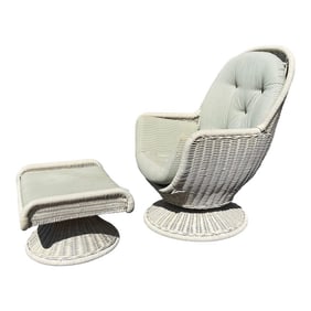 1970s Vintage Egg Shaped Wicker Rattan Chair and Ottoman