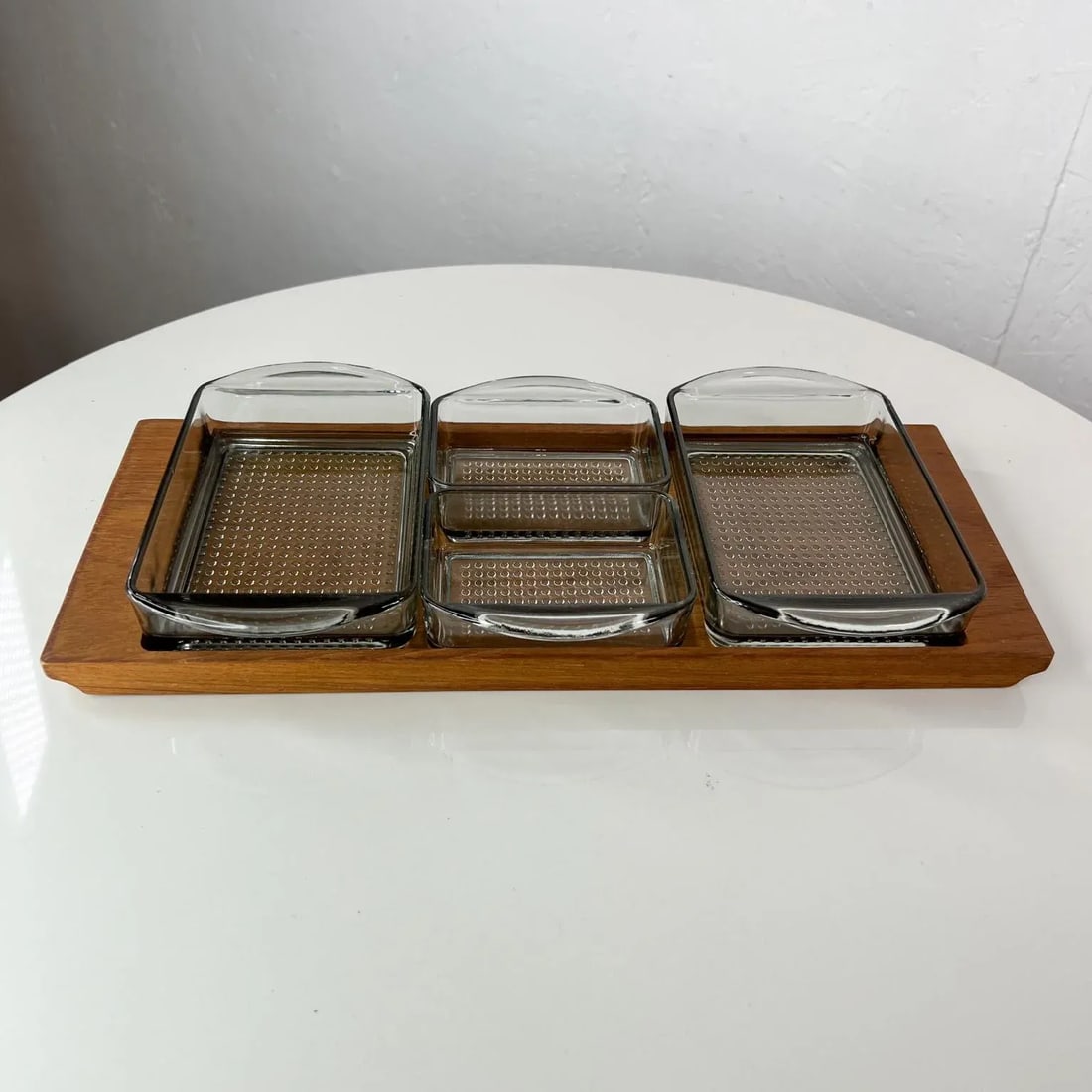1960s Denmark Serving Snack Tray Set Teak & Glass LÃ¼thje Wood Denmark 1 - 5