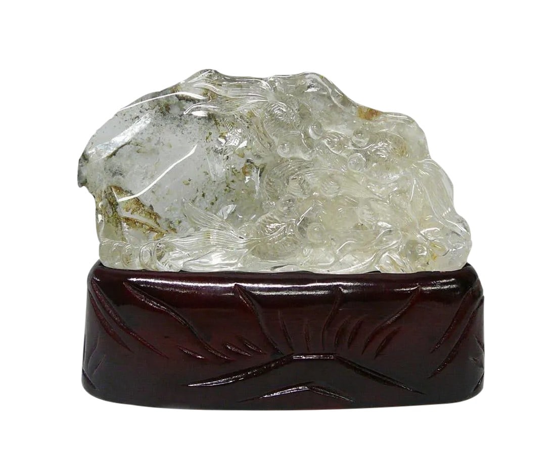 Natural Clear Crystal Hand Carved Goldfish Wave Display On Wood Stand (1 of 7)