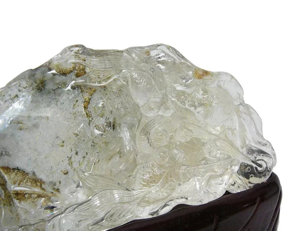 Natural Clear Crystal Hand Carved Goldfish Wave Display On Wood Stand - 2