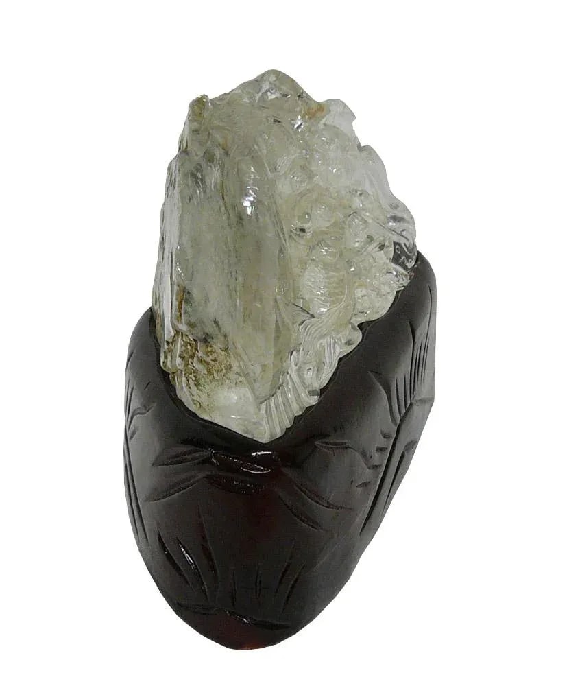 Natural Clear Crystal Hand Carved Goldfish Wave Display On Wood Stand - 3