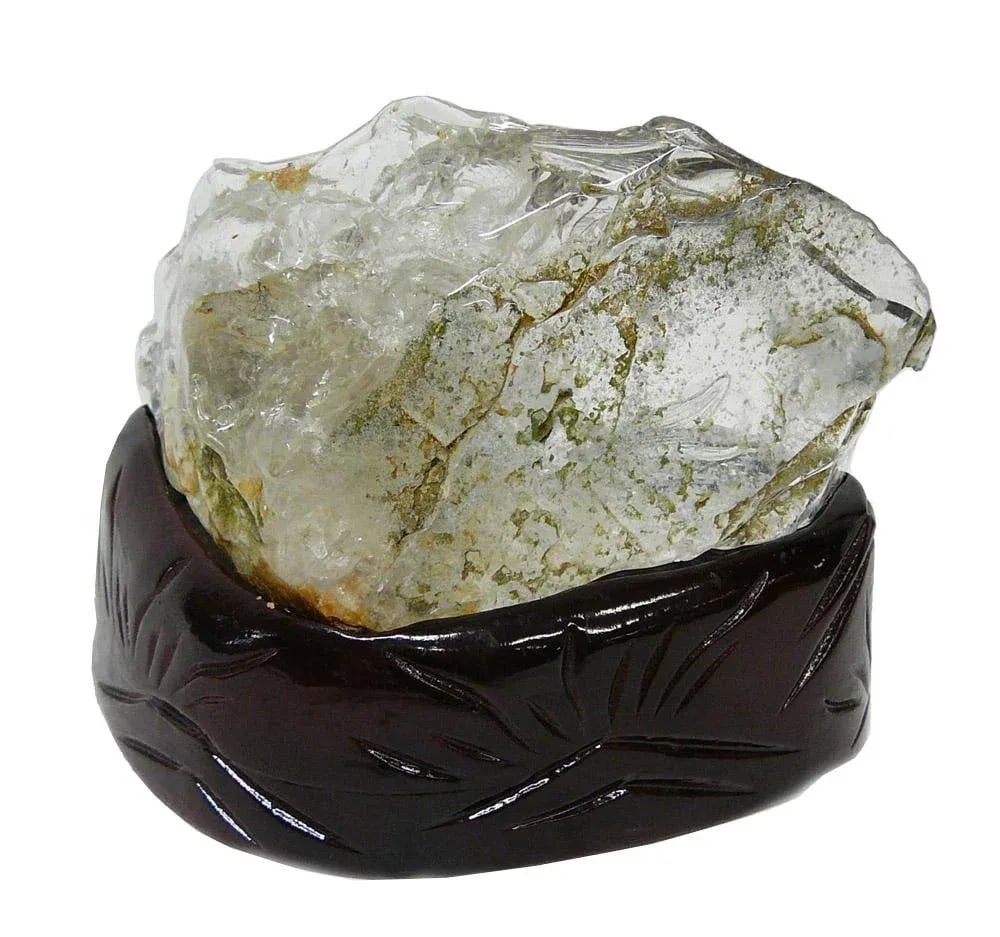 Natural Clear Crystal Hand Carved Goldfish Wave Display On Wood Stand - 4