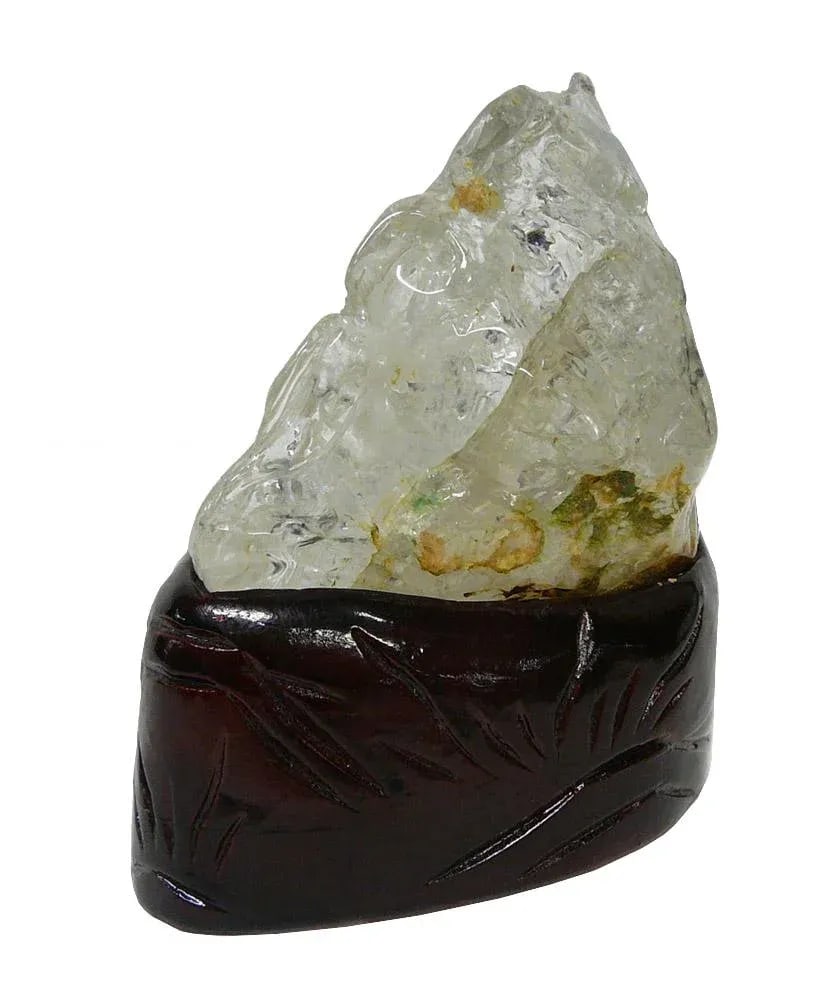 Natural Clear Crystal Hand Carved Goldfish Wave Display On Wood Stand - 5