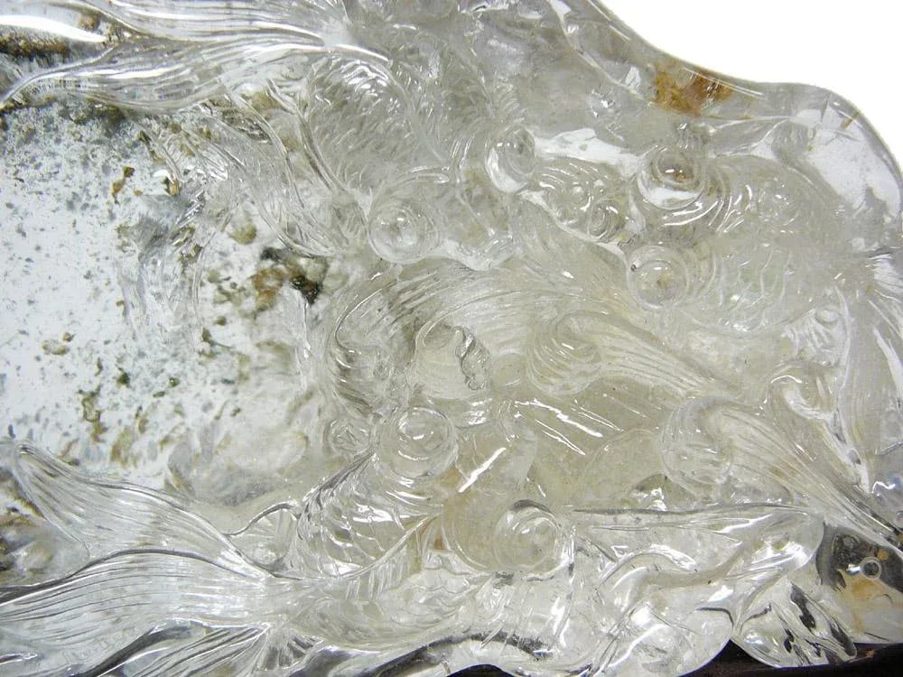 Natural Clear Crystal Hand Carved Goldfish Wave Display On Wood Stand - 6