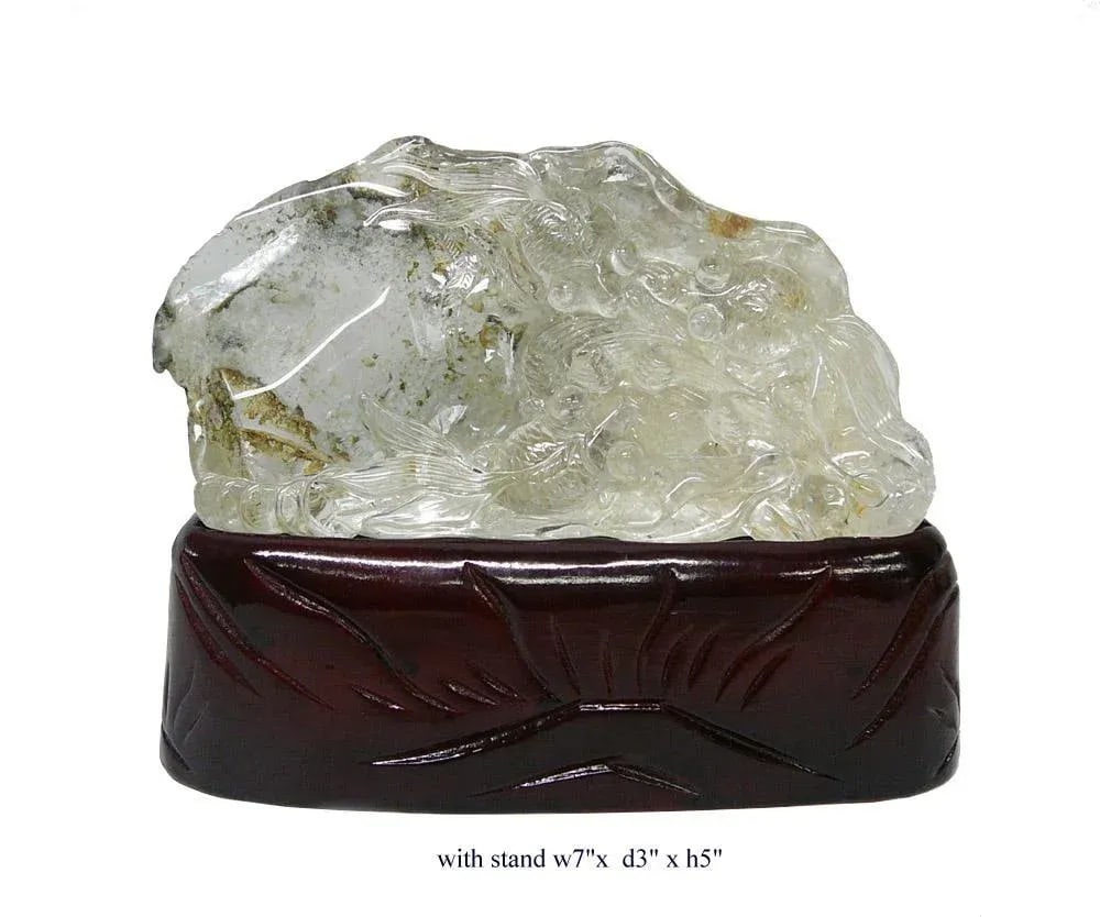 Natural Clear Crystal Hand Carved Goldfish Wave Display On Wood Stand - 7