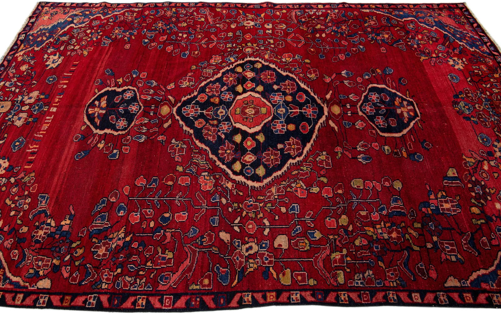 Vintage Persian Hamadan Red Handmade Floral Wool Rug - 2