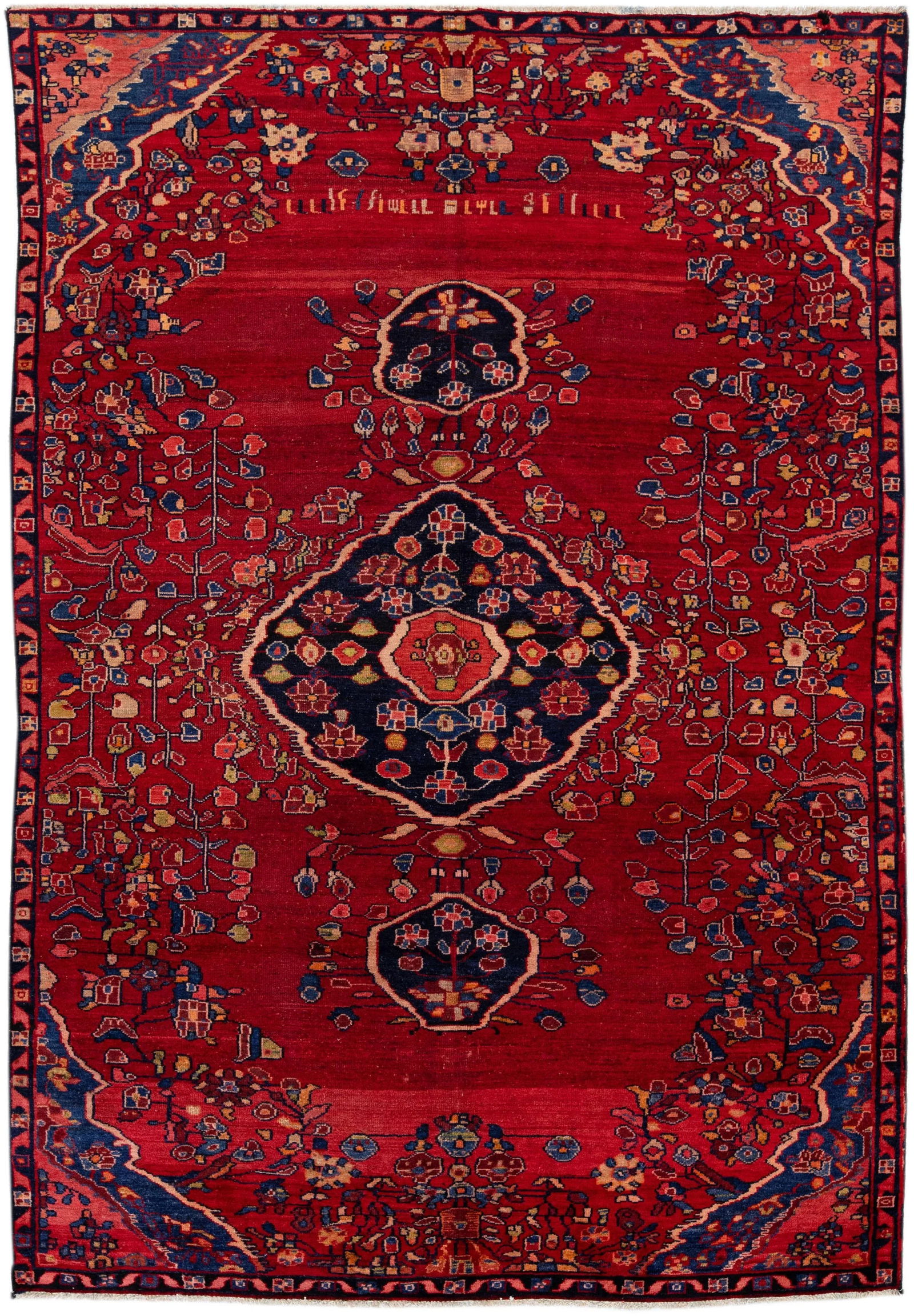 Vintage Persian Hamadan Red Handmade Floral Wool Rug - 7