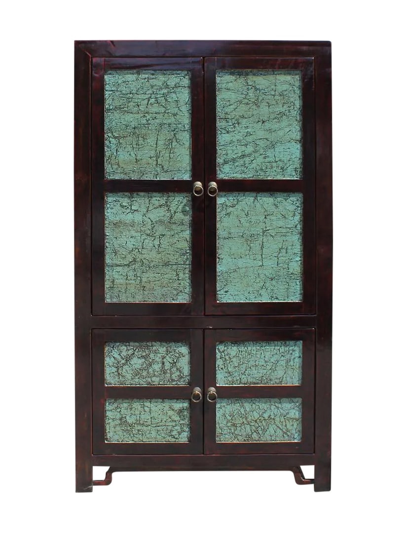 Chinese Distressed Turquoise & Brown Armoire: This is a large oriental storage dresser cabinet with distressed brown color frame and crackle stone pattern turquoise color on the doors. There are shelves inside and a bar as a wardrobe armoires. Di
