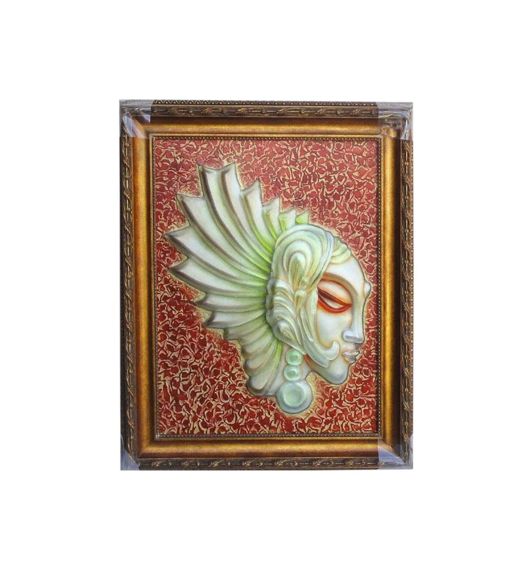 European Glass Angel Face Wall Art: This unique character European angel face wall painting sculpture is made of thick liuli glass, it has painted with many color and is framed in beautiful carved picture frame. This painting is a good