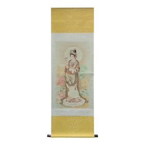 Chinese Hand Painted Kwan Yin With Willow Leaves & Vase Scroll Painting