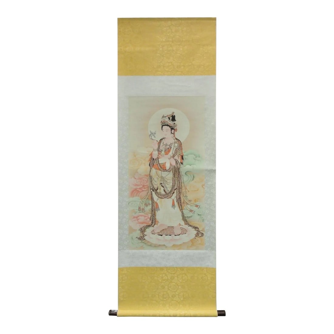 Chinese Hand Painted Kwan Yin With Willow Leaves & Vase Scroll Painting: This is a Chinese hand painted Kwan Yin motif scroll. In this painting, Kwan Yin is standing on a lotus stand with willow leaves and spring dew vase in her hands. There are a full moon and colorful