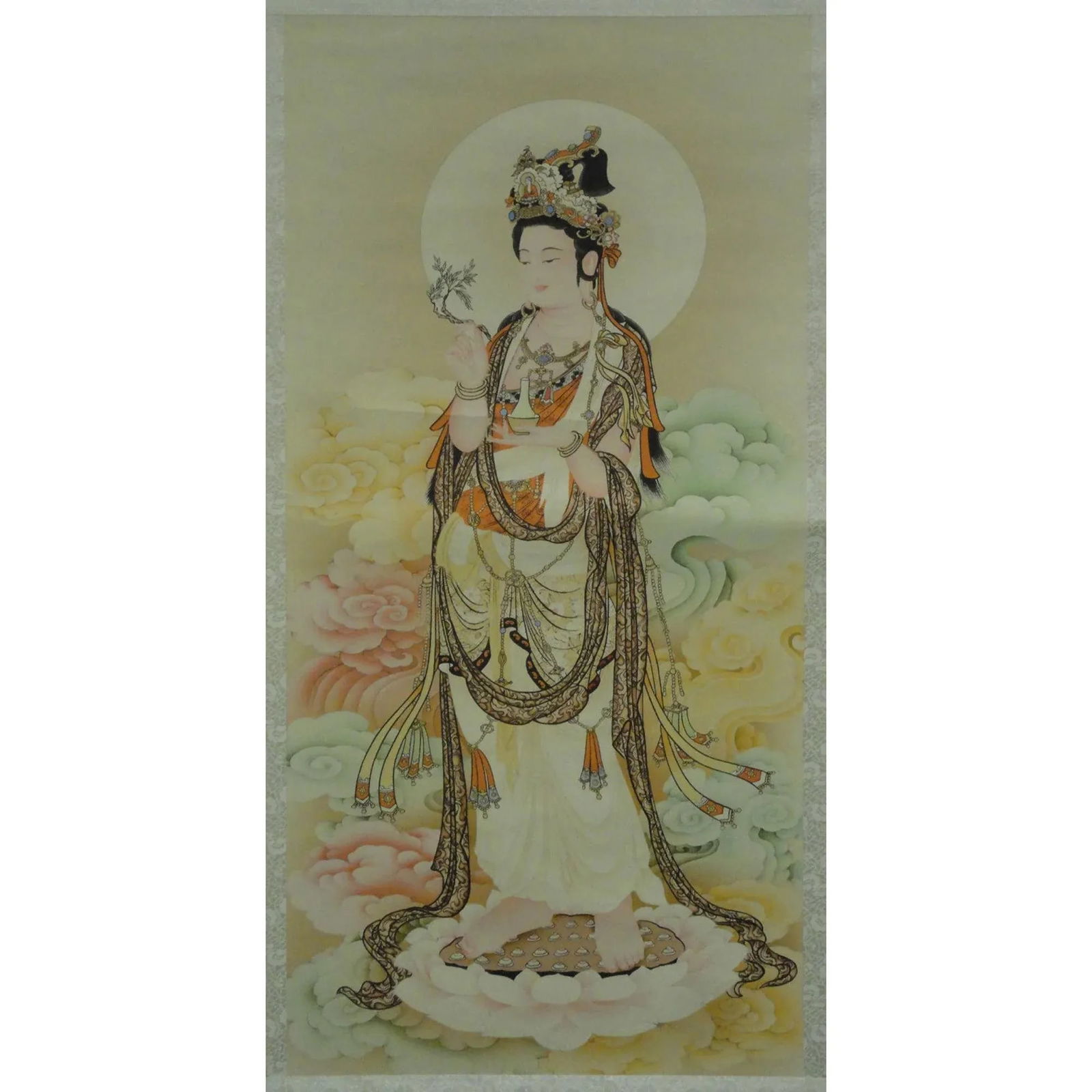 Chinese Hand Painted Kwan Yin With Willow Leaves & Vase Scroll Painting - 3