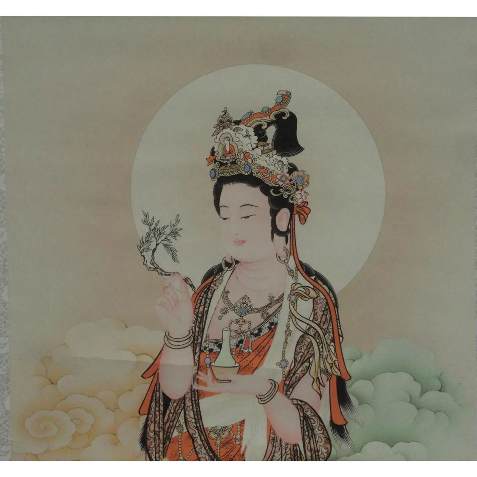 Chinese Hand Painted Kwan Yin With Willow Leaves & Vase Scroll Painting - 4