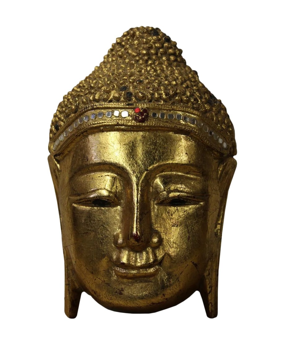 Handcrafted Painted Wood Serene Meditate Sakyamuni Buddha Face Sculpture: Handcrafted wood sculpture Buddha face painted with gold color. This Buddha face is great for living room table top and wall display. Serene peaceful meditate posture is a great reminding of our