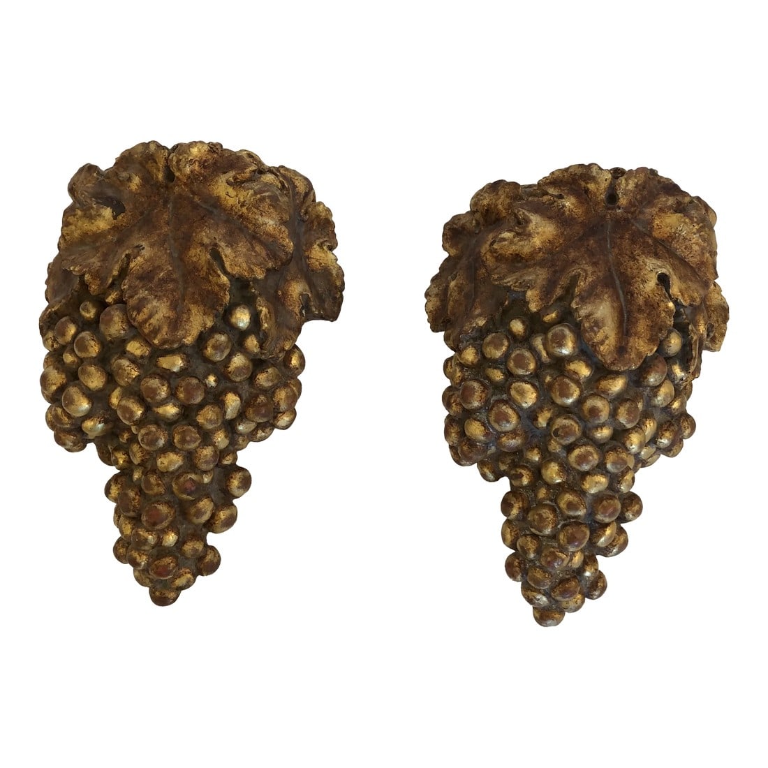 Gilded Wall Pockets With Interior Glass Vases -A Pair: Lovely decorative pair of giltwood wall pockets having leaves and grapes. Inserted in each is a cylindrical vase to allow for flowers. Condition: Alterations: Original Condition Unaltered