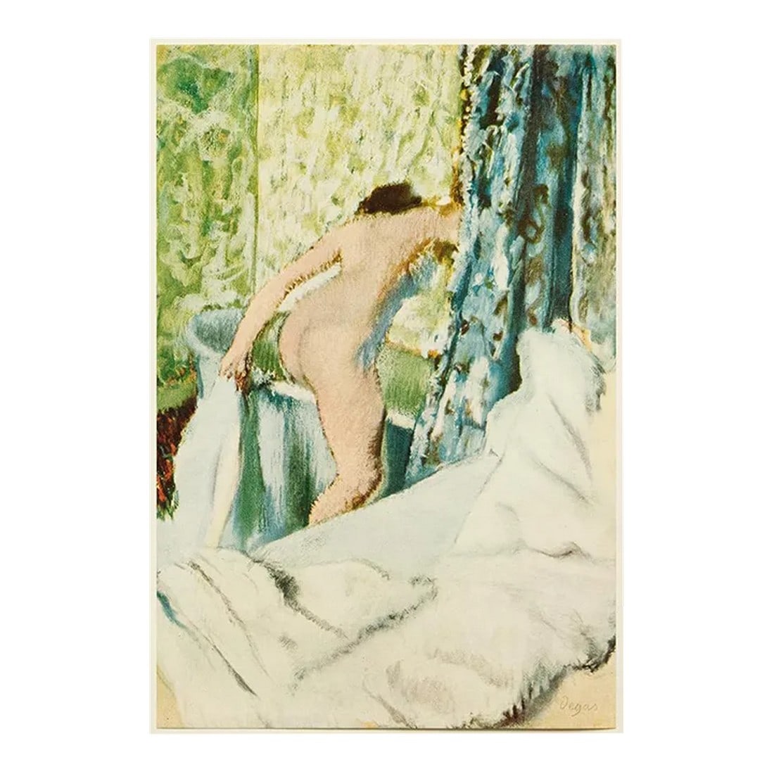 1950s After Edgar Degas "The Morning Bath", First Edition Full-Color Vintage Print: An excellent vintage full-color reproduction print of painting "The Morning Bath" by Edgar Degas. Comes from a First Edition art folio printed in the 1950s. Printed on one side. Hand tipped-in on a