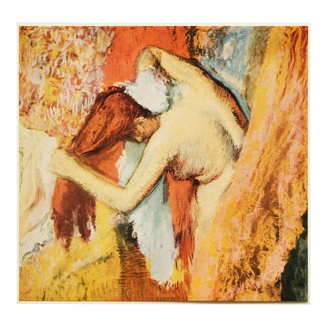 1950s After Edgar Degas "Woman Drying Herself", First Edition Full-Color Vintage Print: An excellent vintage full-color reproduction print of painting "Woman Drying Herself" by Edgar Degas. Comes from a First Edition art folio printed in the 1950s. Printed on one side. Hand tipped-in on