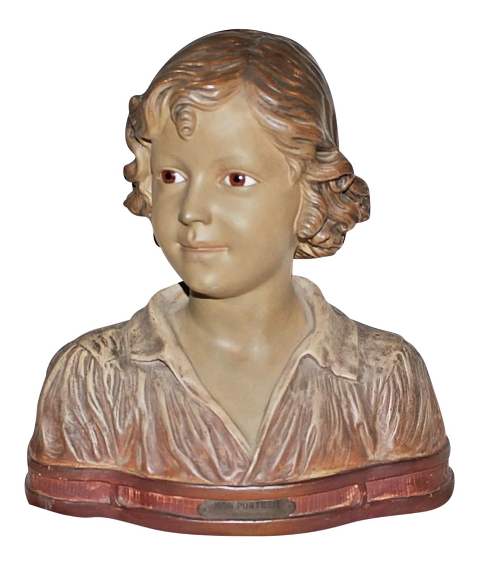 Antique French Terracotta Bust: I fell in love with this girl in Normandie, a lovely antique French white terracotta bust of a stunningly beautiful brown glass-eyed girl, brass plaque reads "Mon Portrait" by French sculptor, A.