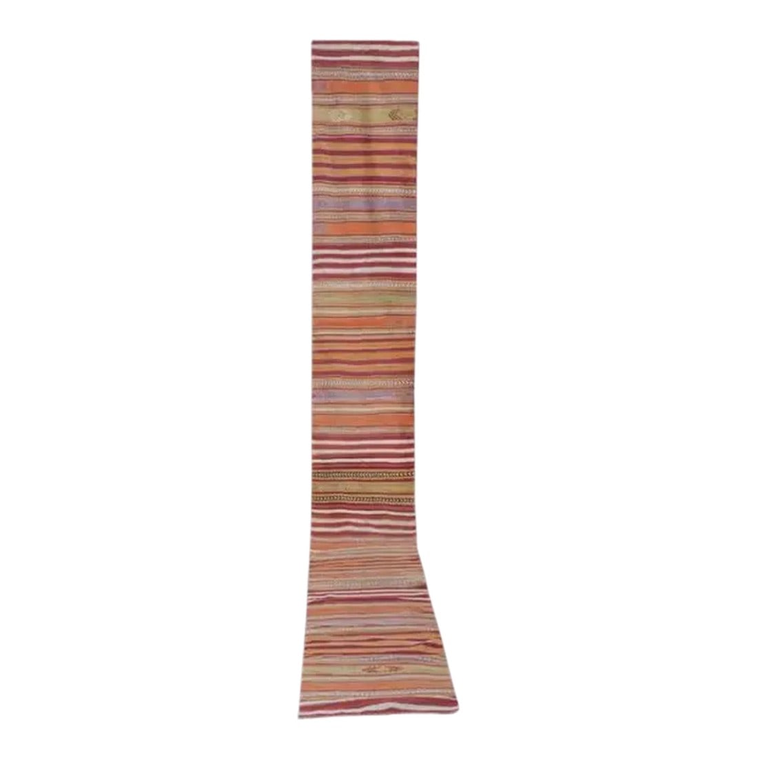 1960s Turkish Striped Kilim Runner Rug 2'2'' X 17'2'': Turkish Striped Kilim Runner Rug 2'2'' X 17'2'' 25.6" x 20.63" / 68 x 524 Cm Hand woven with high quality pure wool Excellent condition From TURKEY Works well with all styles of home decor-add 