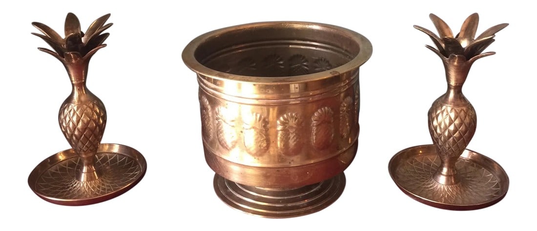 Brass Pineapple Trio of Planter and Candleholders - Set of 3: Gorgeous collection of pineapple candle holders and planter. Plantar measures 6" x 7.5". Condition: Alterations: Original Condition Unaltered Imperfections: Some Imperfections Condition Notes:
