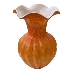 1970s Orange Art Glass Vase with Ruffle Edge Top