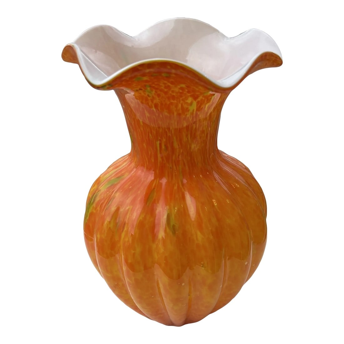 1970s Orange Art Glass Vase with Ruffle Edge Top: Orange Art Glass Vase with Ruffled Rim Edge Top . . . Possibly Murano but unknown. Condition: Alterations: Original Condition Unaltered Imperfections: Some Imperfections Condition Notes: Good Shape